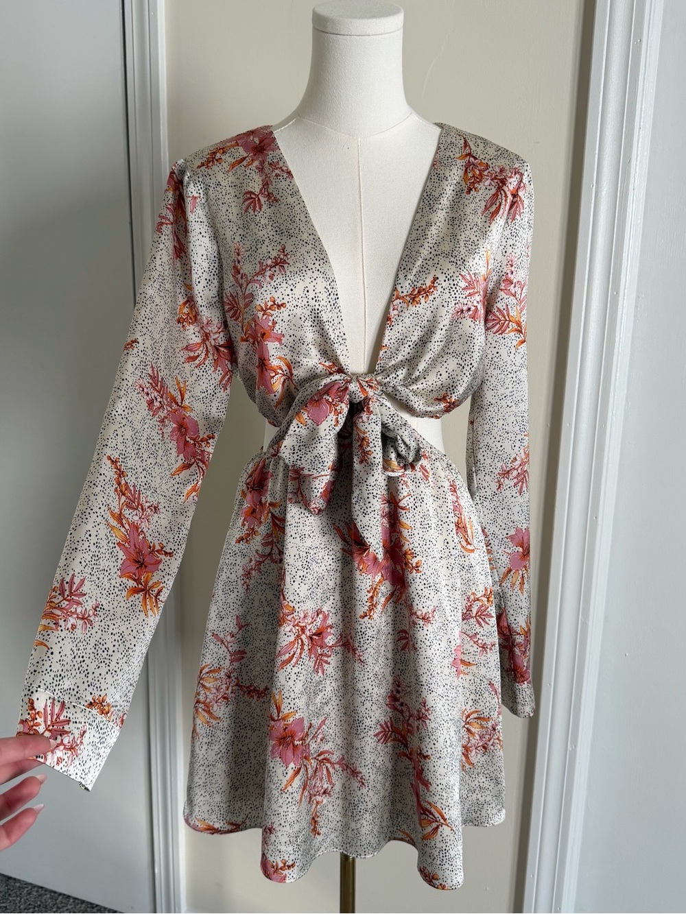 Sage The Label Long Sleeve Cutout Tie Front Satin Fit & Flare Mini Dress Beachy